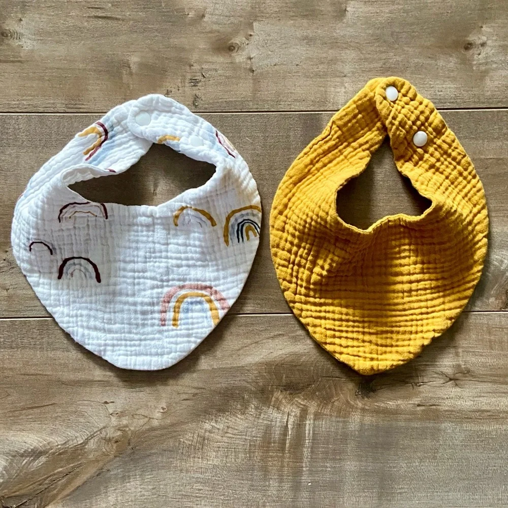 Set of 2 Double Gauze Bandana Bibs in Mustard and Neutral Rainbow Print
